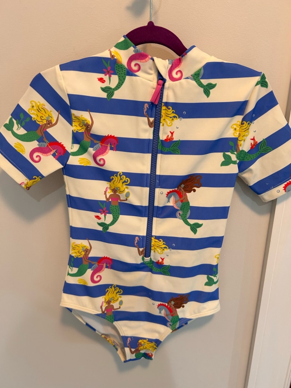 Mini Boden Blue & White Striped Mermaid Zip One-Piece